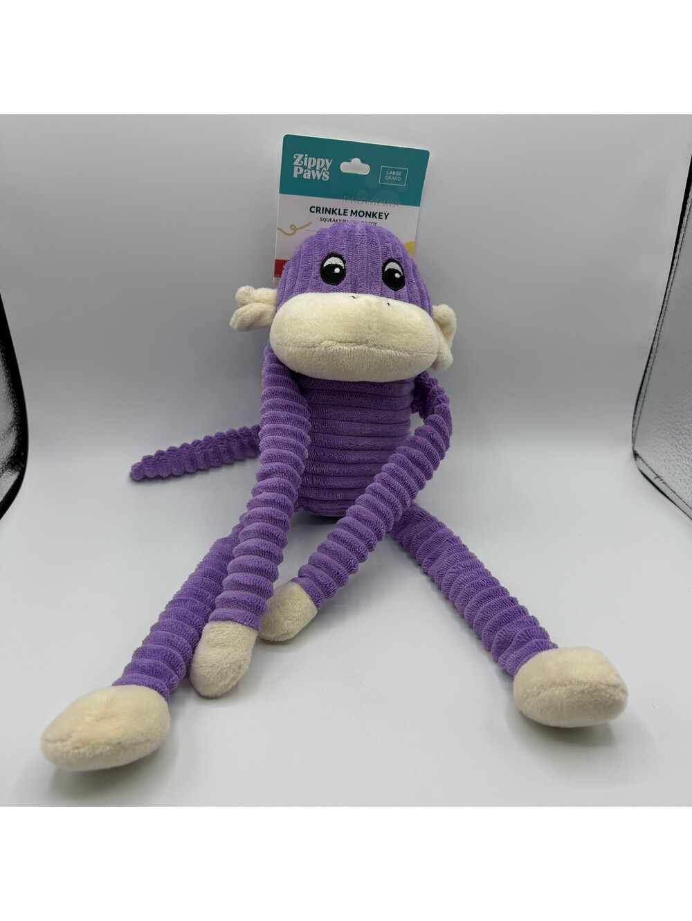 ZippyPaws Spencer the Crinkle Monkey Large Dog Plush Toy Purple Corduroy Squeaky